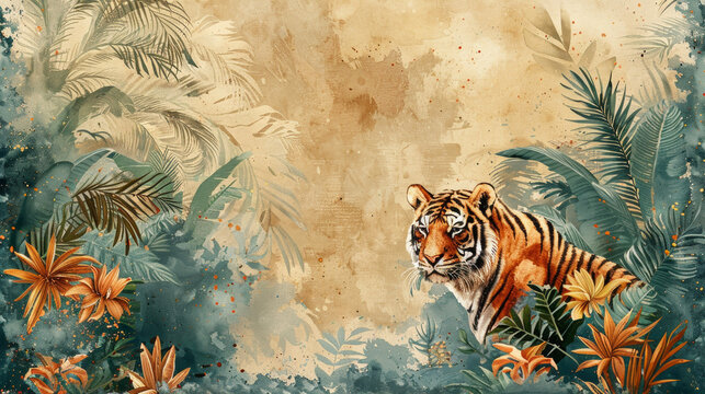 Giungla acquerello, illustrazione tropicale. Sfondo floreale tropicale con palme, piante, animali selvatici tigre, uccelli. Carta da parati della giungla esotica per stanza  bambini, sfondo beige
