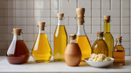 Vegetable fats. Different oils in glass bottles on the kitchen counter.