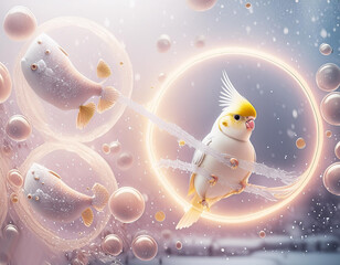 The image creates a feeling of sweetness and lightheartedness. The combination of the cute bird and the soap bubble evokes a sense of childlike wonder.