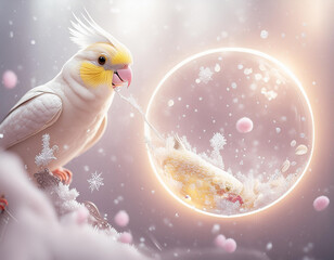 The image creates a feeling of sweetness and lightheartedness. The combination of the cute bird and the soap bubble evokes a sense of childlike wonder.
