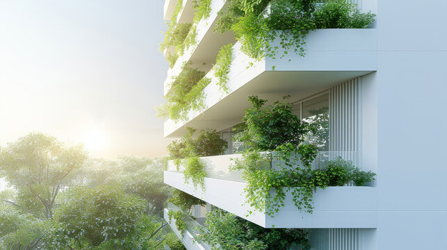Design sostenibile dell'edificio, con balconi dal verde lussureggiante, che fonde la natura con la vita urbana
