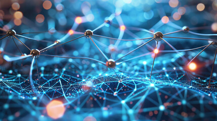 A network of artificial neural connections on a glittering blue background, symbolizing the structure and function of deep learning algorithms.