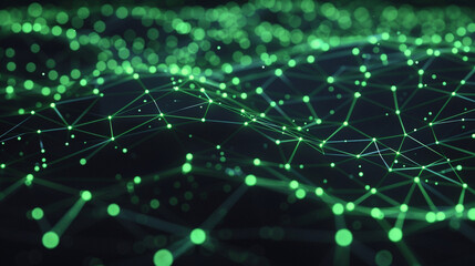A network of interconnected neon green dots sprawling across a dark, matte black background, simulating a futuristic cyber network.  - obrazy, fototapety, plakaty
