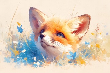 Fototapeta premium A beautiful watercolor fox portrait, the colors are vibrant and the brushstrokes flowing on white background