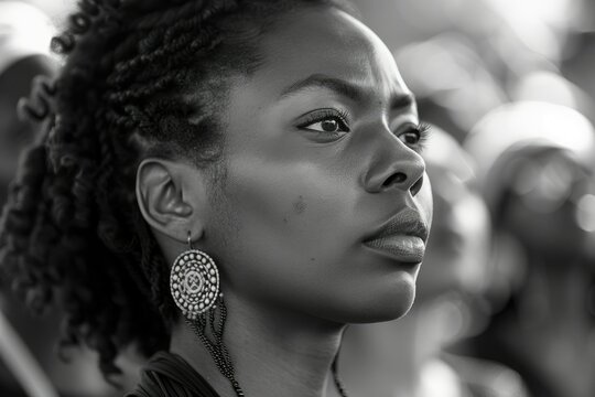Black and white retro image of an African American woman protesting on Freedom Day June 19, racial equality, freedom and human rights, emancipation day