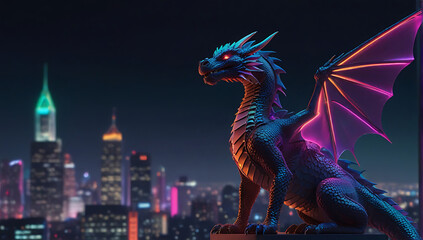 A synthwave dragon in a neon-lit cityscape: sleek, metallic, with holographic scales and neon eyes. High fashion photo captures its ethereal beauty. sky