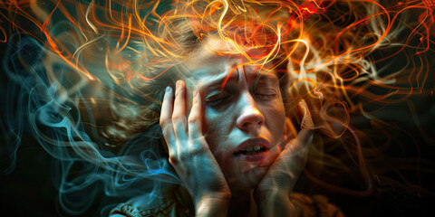 Anxiety: The Racing Thoughts and Suffocating Sensation - Picture a person with thoughts racing around them and a sensation of suffocation, illustrating the overwhelming nature of anxiety