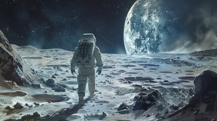 AI generated illustration of an astronaut on the moon with stars in background - obrazy, fototapety, plakaty