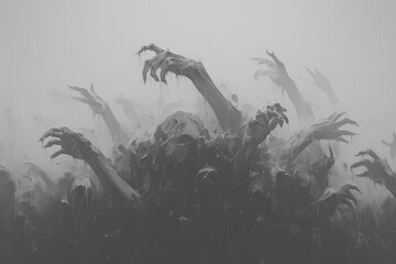 A black and white foggy background with many hands reaching out from the mist in the style of horror and spooky