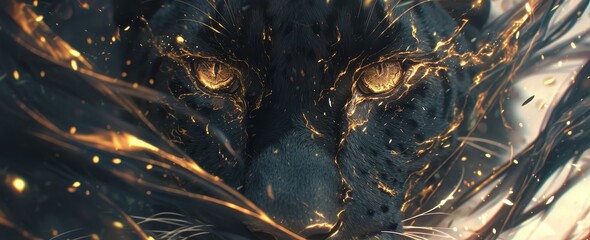 A black leopard with golden eyes, in a close up shot, in the dark night forest, surrounded by glowing particles and dots of light - obrazy, fototapety, plakaty
