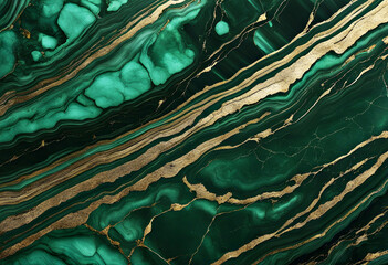 Close up of green and gold marble texture. Fluid art green marble with gold and black streaks background.
