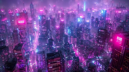 Futuristic cyberpunk cityscape with neon lights and skyscrapers at sunset - obrazy, fototapety, plakaty