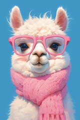 Obraz premium A blue alpaca with pink glasses and scarf