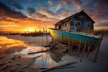A Rustic Beach Fishing Shack at Sunset, Nestled Amongst the Dunes with a Weathered Fishing Net and Old Wooden Boat Nearby - obrazy, fototapety, plakaty
