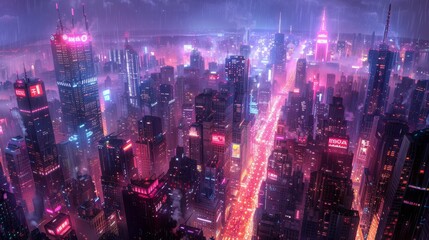 Futuristic cyberpunk cityscape with neon lights and skyscrapers at sunset