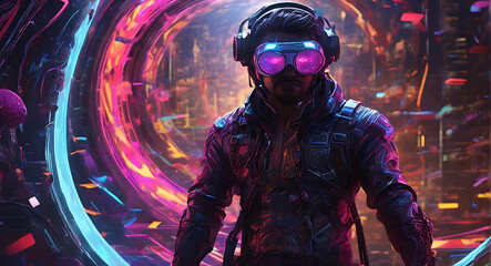 A neon-lit metropolis hosts a wormhole wrangler in the digital anime world. Detailed digital painting captures him at a swirling vortex, clad in cybernetic gear - obrazy, fototapety, plakaty