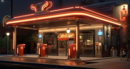 Art Deco filling station with sleek pumps, decorative tiles, and illuminated neon signage