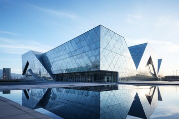 An Architectural Marvel of a Steel-Rimmed Structure Adorned with an Array of Reflective Glass Panels Under a Clear Blue Sky - Powered by Adobe