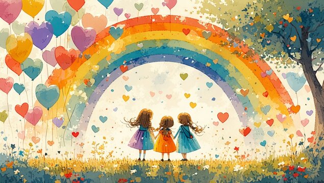 A child's drawing of three people holding hands under the rainbow, with hearts and balloons in the background,