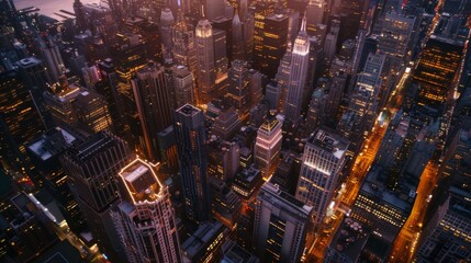 An aerial view of a bustling metropolis with skyscrapers aglow in the evening, showcasing the beauty of city lights from above.