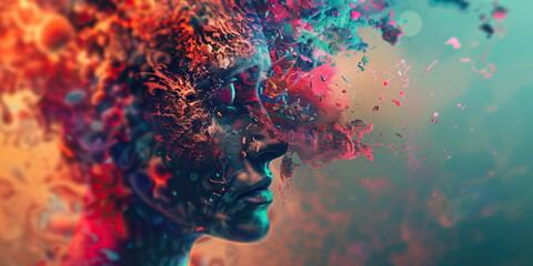 Schizophrenia: The Distorted Reality and Fragmented Self - Imagine a person surrounded by distorted visions and a fragmented sense of self, illustrating the experience of schizophrenia