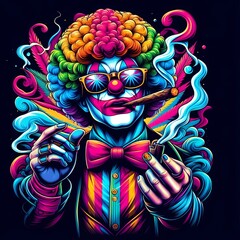 Digital art of a psychedelic clown with sunglasses smoking a blunt - obrazy, fototapety, plakaty