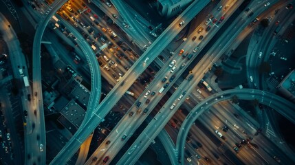 An aerial view of cars navigating through a busy highway interchange, a mesmerizing display of organized chaos.