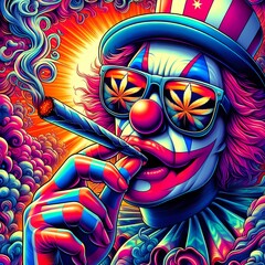 Digital art of a psychedelic clown with sunglasses smoking a blunt