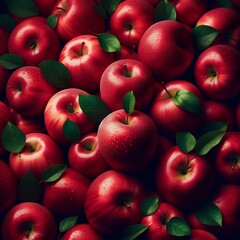 A red apples with green leaves on them