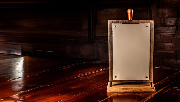 A wooden table topper  table tent with a rustic wood frame menu or cocktail list, horizontal; blank space for custom message or design. Steakhouse, bourbon, spirits, mixology