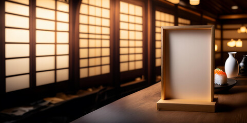 A table topper or table tent with a carved wood frame menu or cocktail list, blank space for custom message or design. Frame in foreground, moody space in the background with contextual elements