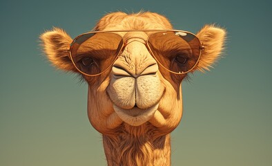 Fototapeta premium A cute camel wearing sunglasses, green background