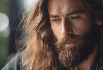 Soulful Reflections: Pensive Man with Tousled Long Hair and Beard - Soft Focus Portrait