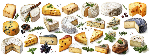 Watercolor cheese. Delicious milk dairy product, different organic cheeses, brie, camembert, roquefort, cheddar and maasdam, watercolor hand drawn illustration set. Noble cheeses collection