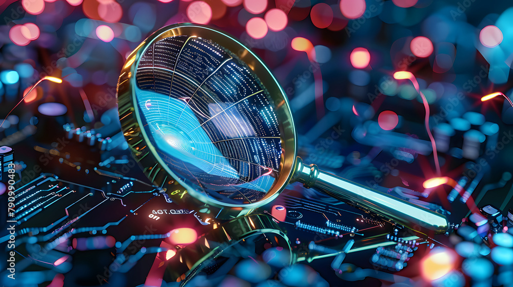 Poster a magnifying glass inspecting network components, symbolizing the investigation of network problems