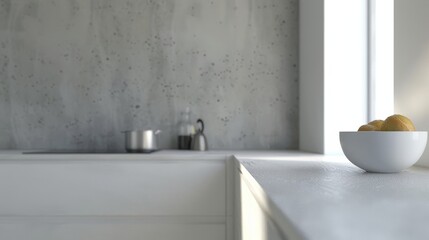 Close-up and high-resolution portrayal of a minimalist kitchen with stark white surfaces complemented by a soft grey background, emphasizing a clean and modern aesthetic