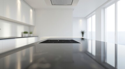 Minimalist modern kitchen with high contrast design, featuring black sleek countertops against white walls, close-up view in high resolution captures the elegant simplicity