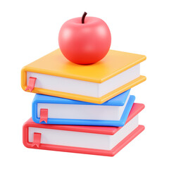 3D render of colorful books stack with red apple on top
