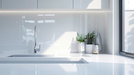 Fototapeta na wymiar Sleek minimalist kitchen with stark white surfaces against a soft grey background, close-up view in high resolution captures the pristine cleanliness and subtle contrast