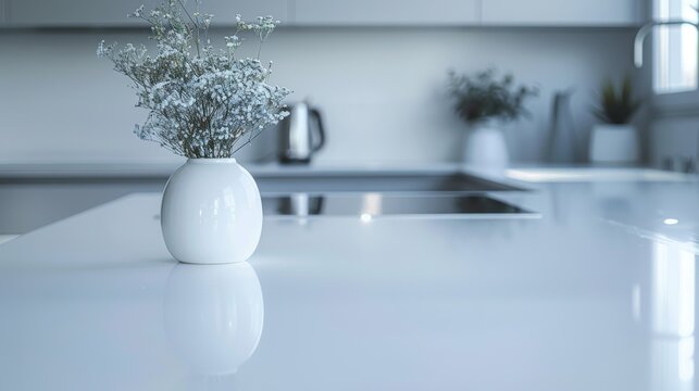 High-resolution close-up of a minimalist kitchen highlighting stark white countertops and soft grey walls, showcasing the simplicity and elegance of modern design