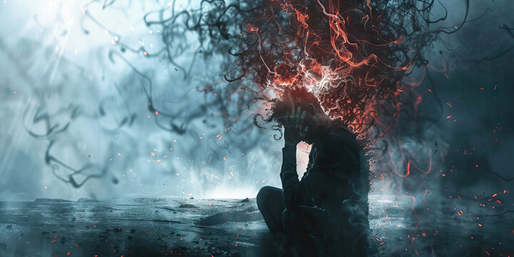 Suicidal Ideation: The Dark Thoughts and Hopelessness - Visualize a person consumed by dark thoughts and feelings of hopelessness, illustrating the experience of suicidal ideation.