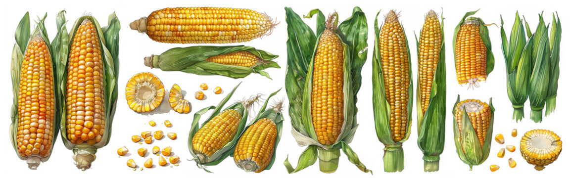 Watercolor corn. Cartoon fresh maize, ear of corn and sweet corn seeds watercolor hand drawn illustration set. Agriculture maize harvest
