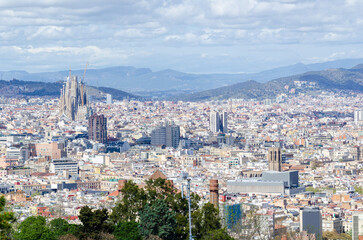 Barcelona, Spain: aerial view from Montjuic to the city of Barcelona with Sagrada Familia