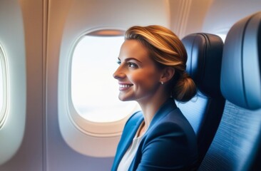 A beautiful girl sits in an airplane at the window and looks at the view. Tourist travel