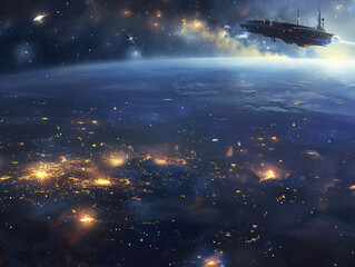 A planet with a green moon and a city with lights in the sky