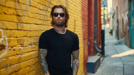 Fototapeta premium Black Tshirt mockup, featuring a rebel look male model