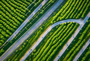 Aerial View of Organized Agricultural Fields with Roads - Symmetry in Rural Farming Landscape