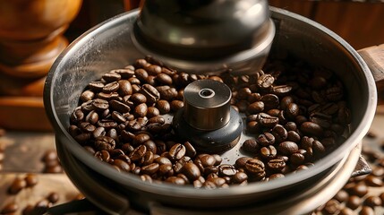 Surreal of Grinding Coffee Beans in a Metal Grinder with Striking Clarity and Studio Lighting