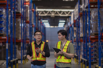 Warehouse worker working in warehouse storage. Foreman or worker work at factory site check up...