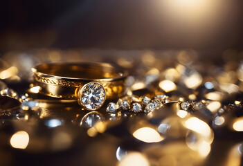 Elegant Diamond Engagement Ring and Wedding Band Amidst Sparkling Gems - Romance and Commitment Concept